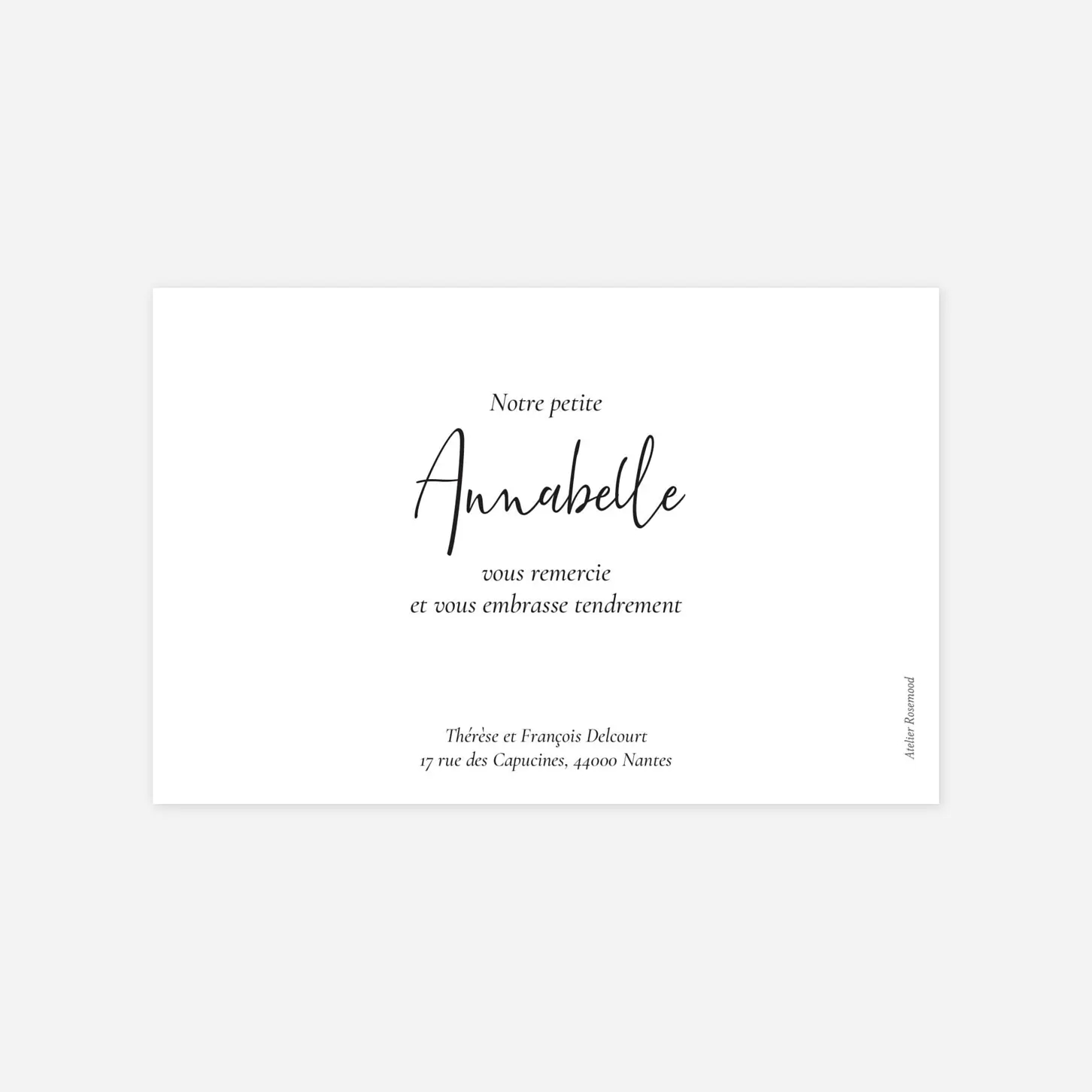 Carte remerciement naissance Cadre calligraphie