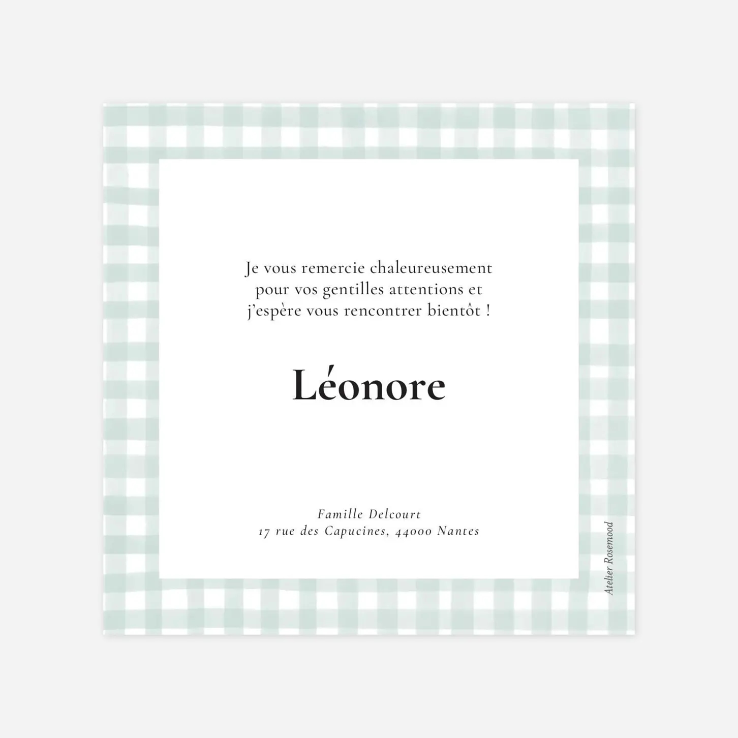 Carte remerciement naissance Joli vichy