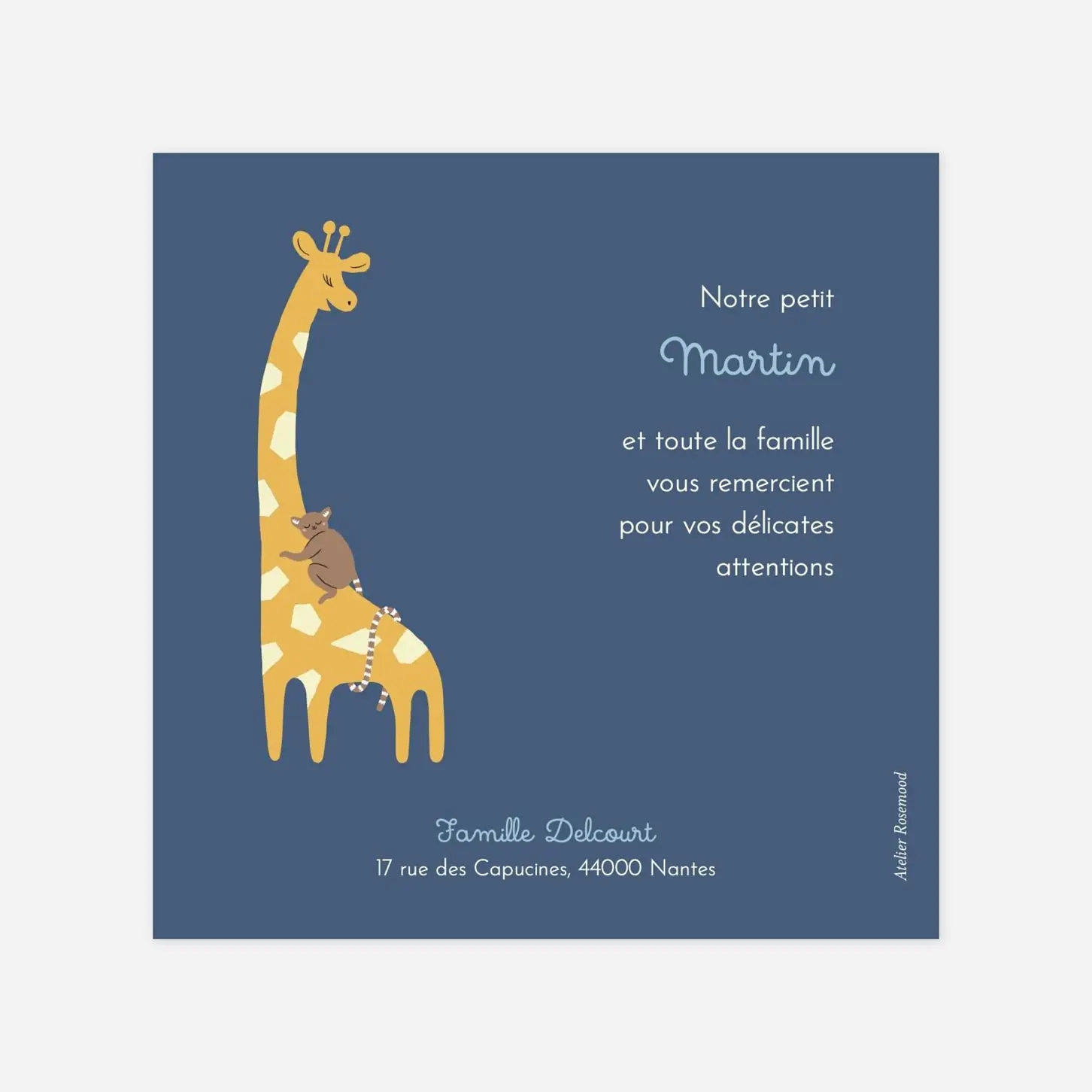 Carte remerciement naissance La famille des animaux